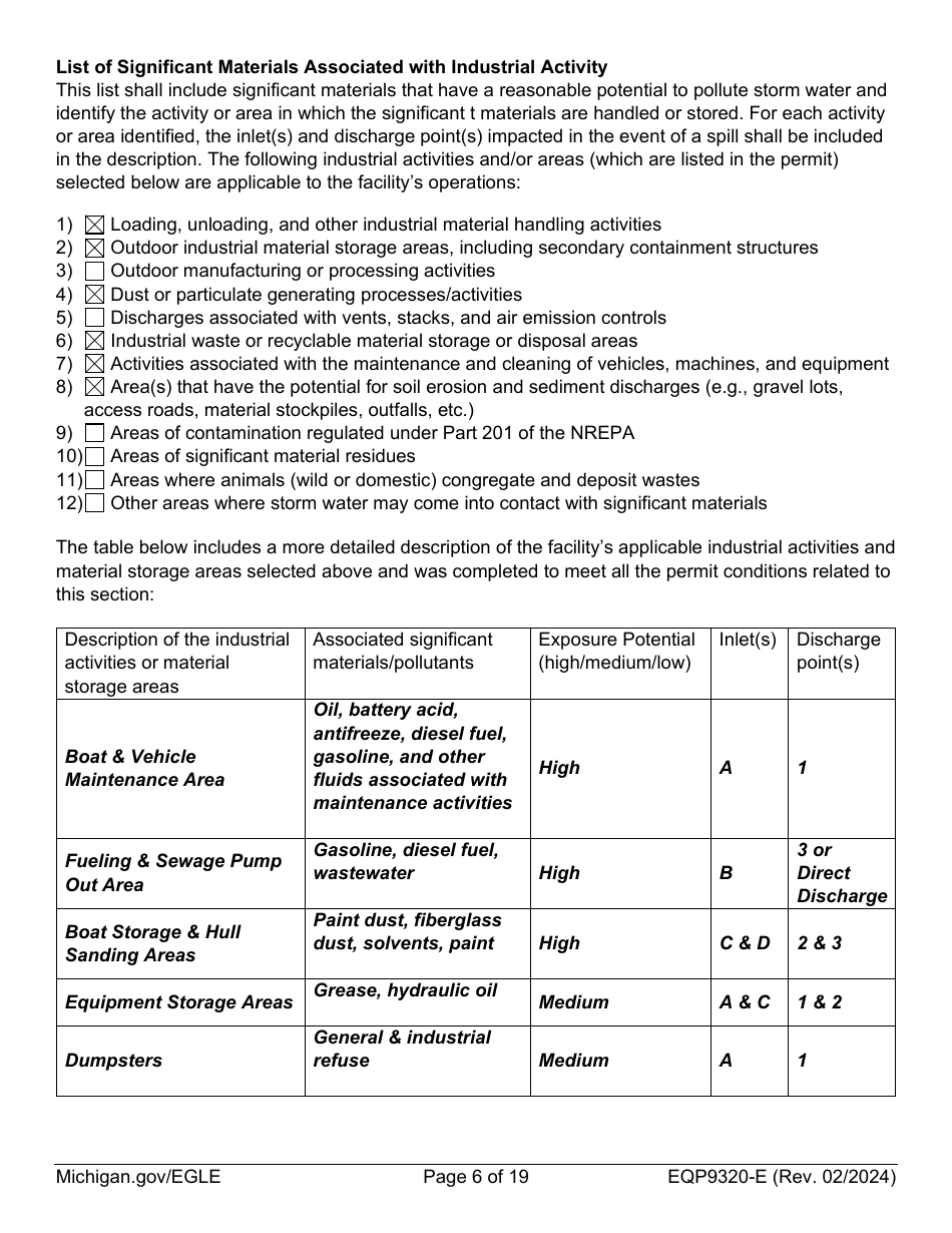 Form EQP9320-E Sample Storm Water Pollution Prevention Plan Template - Michigan, Page 6