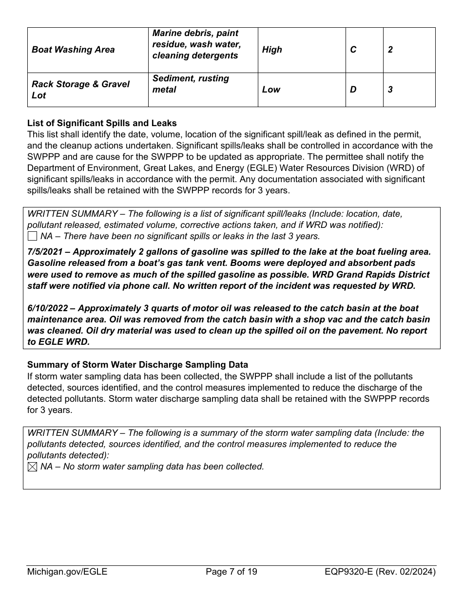 Form EQP9320-E Sample Storm Water Pollution Prevention Plan Template - Michigan, Page 7