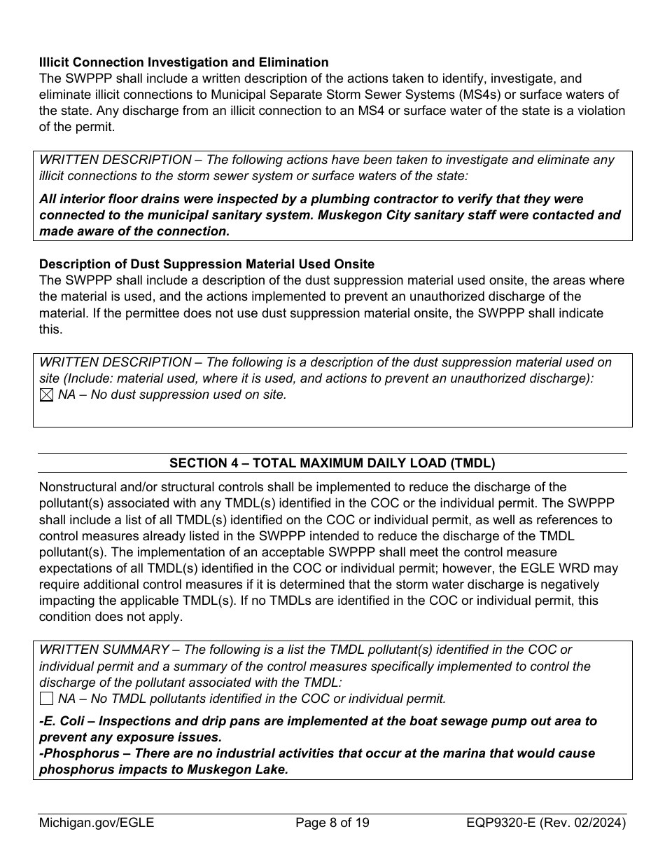 Form EQP9320-E Sample Storm Water Pollution Prevention Plan Template - Michigan, Page 8