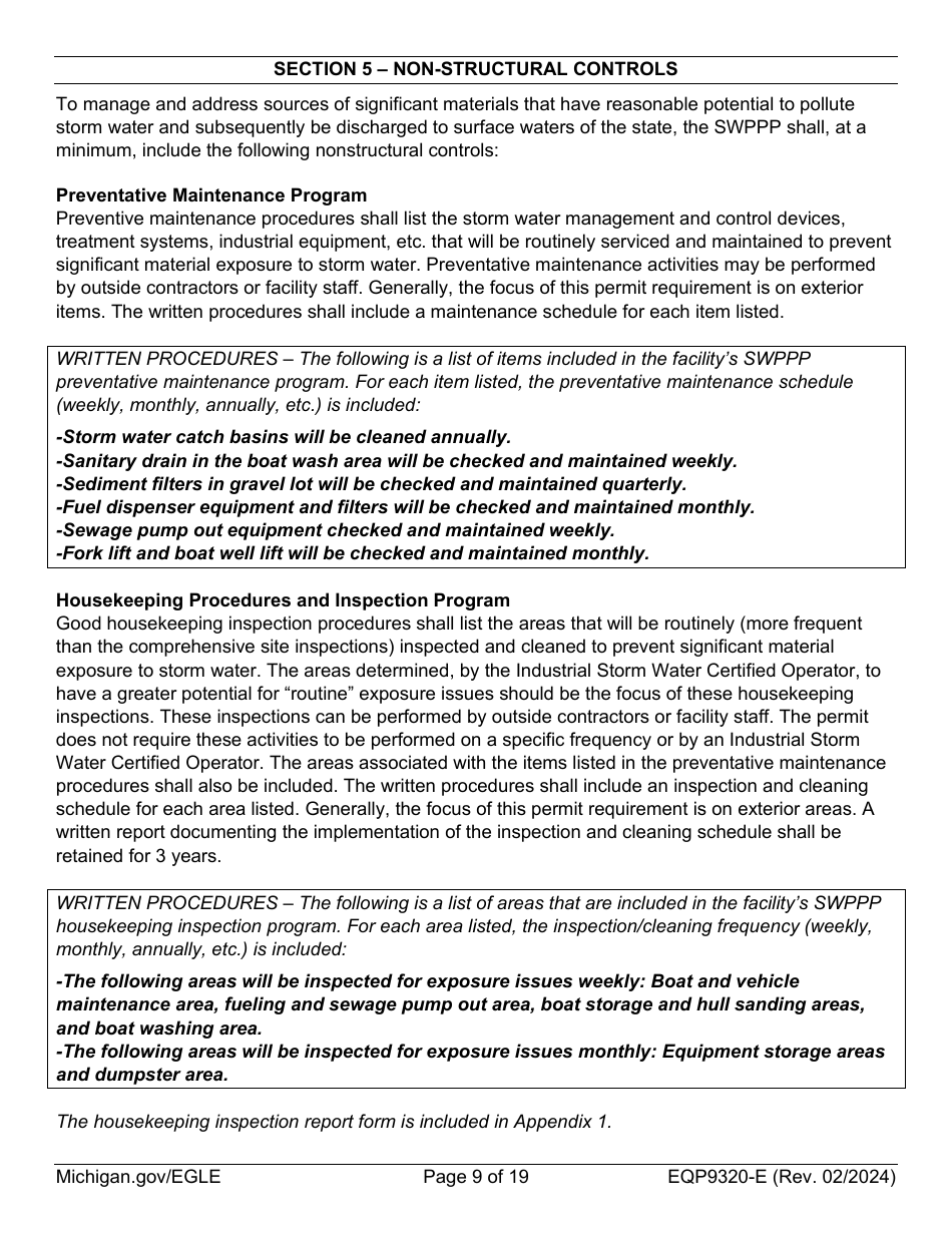 Form EQP9320-E Sample Storm Water Pollution Prevention Plan Template - Michigan, Page 9