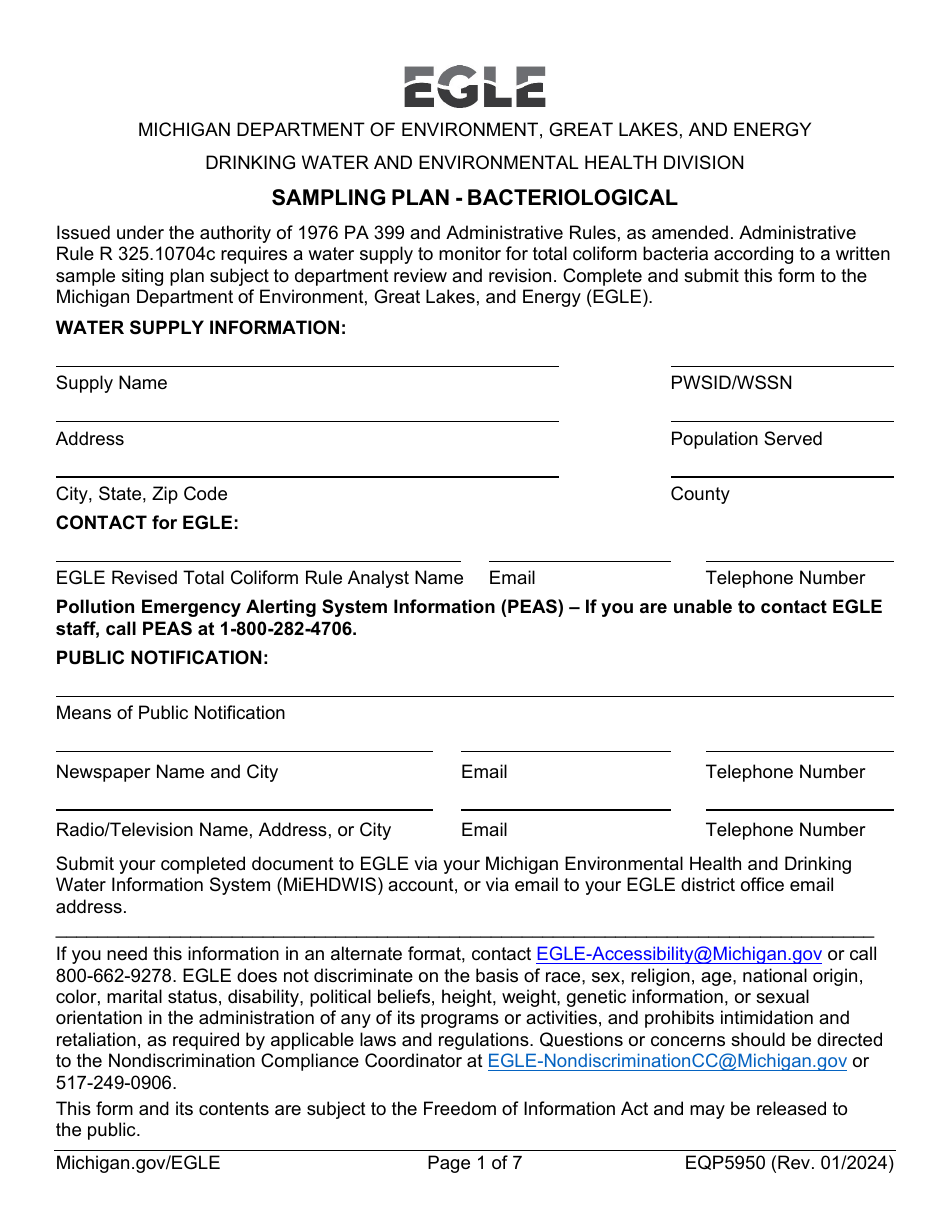 Form EQP5950 Sampling Plan - Bacteriological - Michigan, Page 1