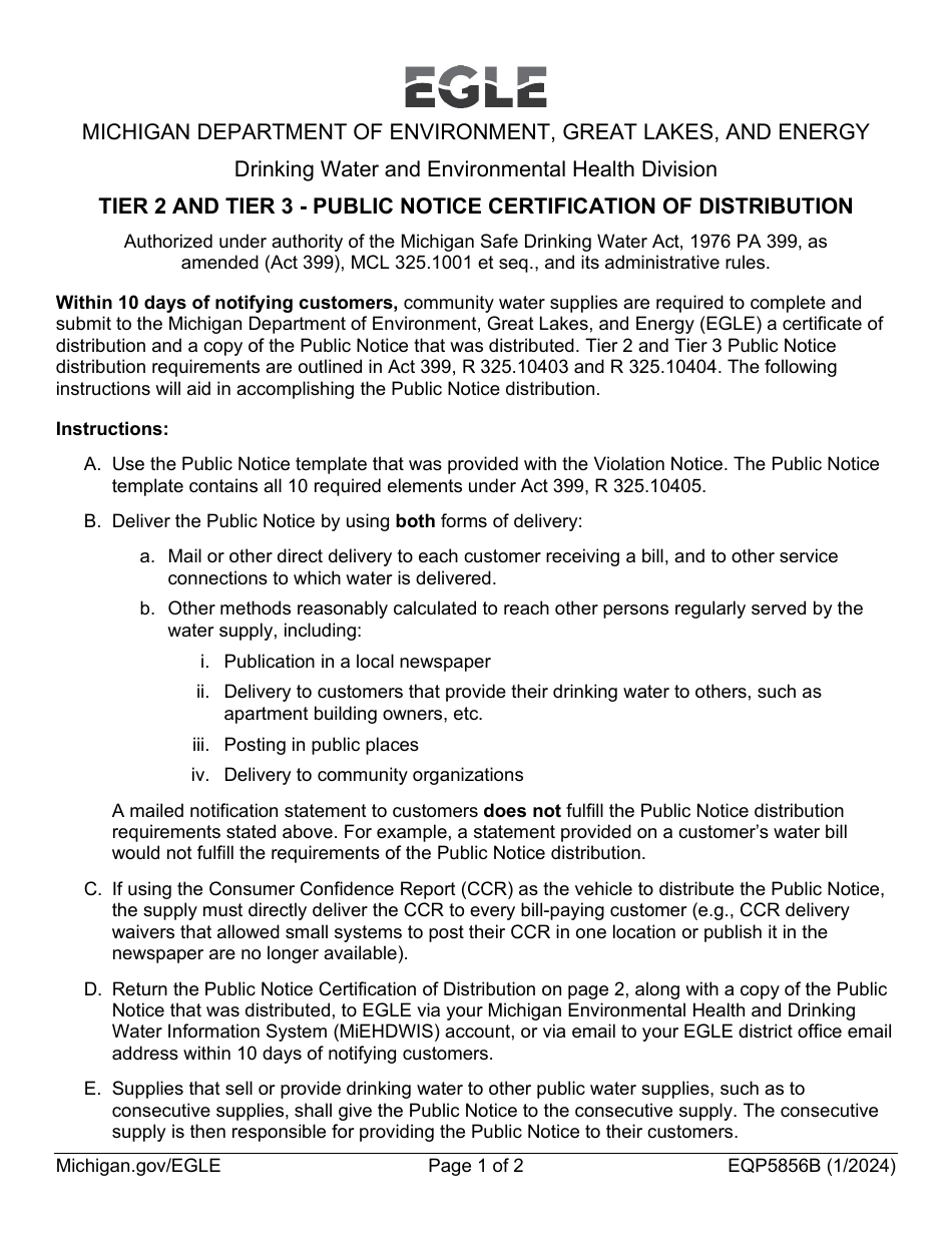 Form EQP5856B Tier 2 and Tier 3 - Public Notice Certification of Distribution - Michigan, Page 1