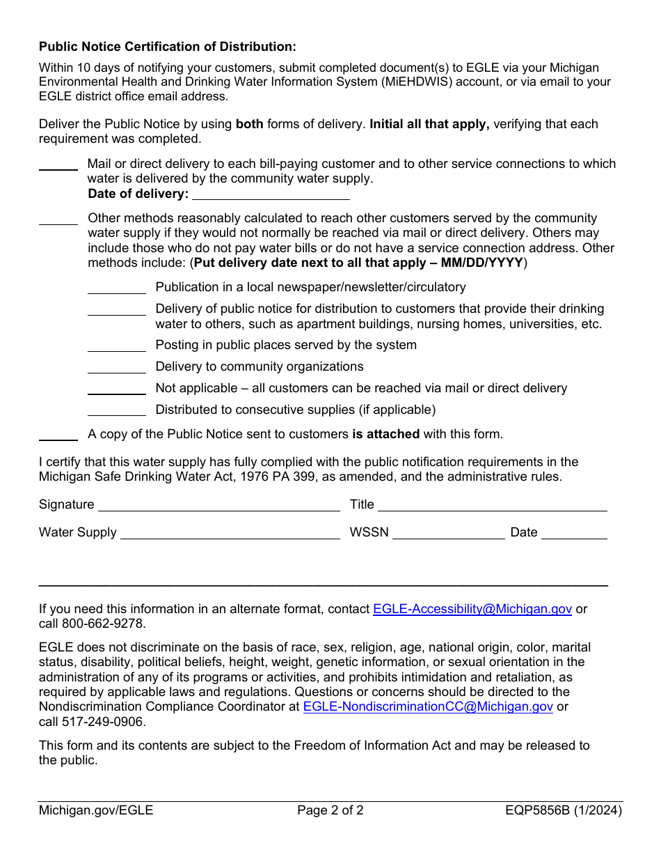 Form EQP5856B Tier 2 and Tier 3 - Public Notice Certification of Distribution - Michigan, Page 2