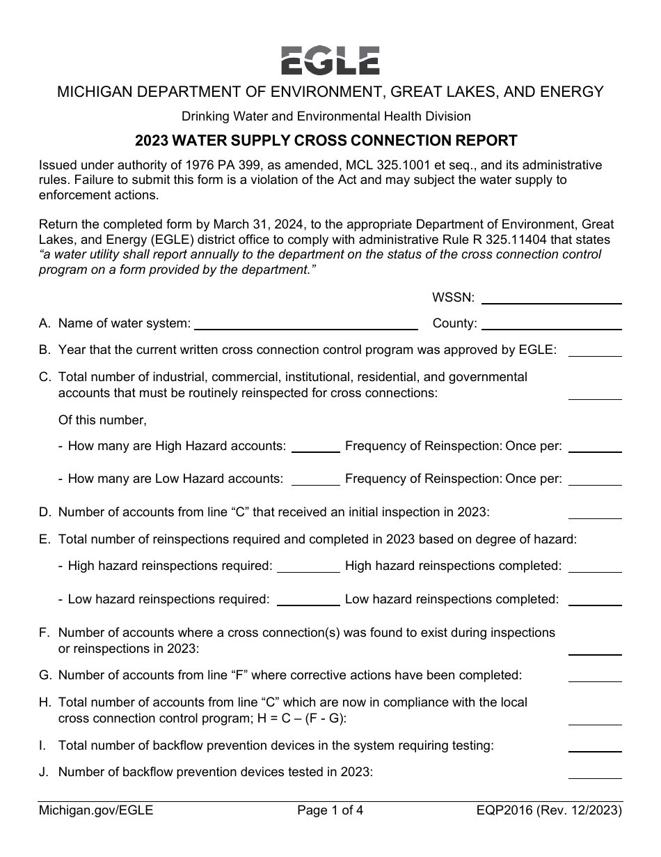 Form EQP2016 Water Supply Cross Connection Report - Michigan, Page 1