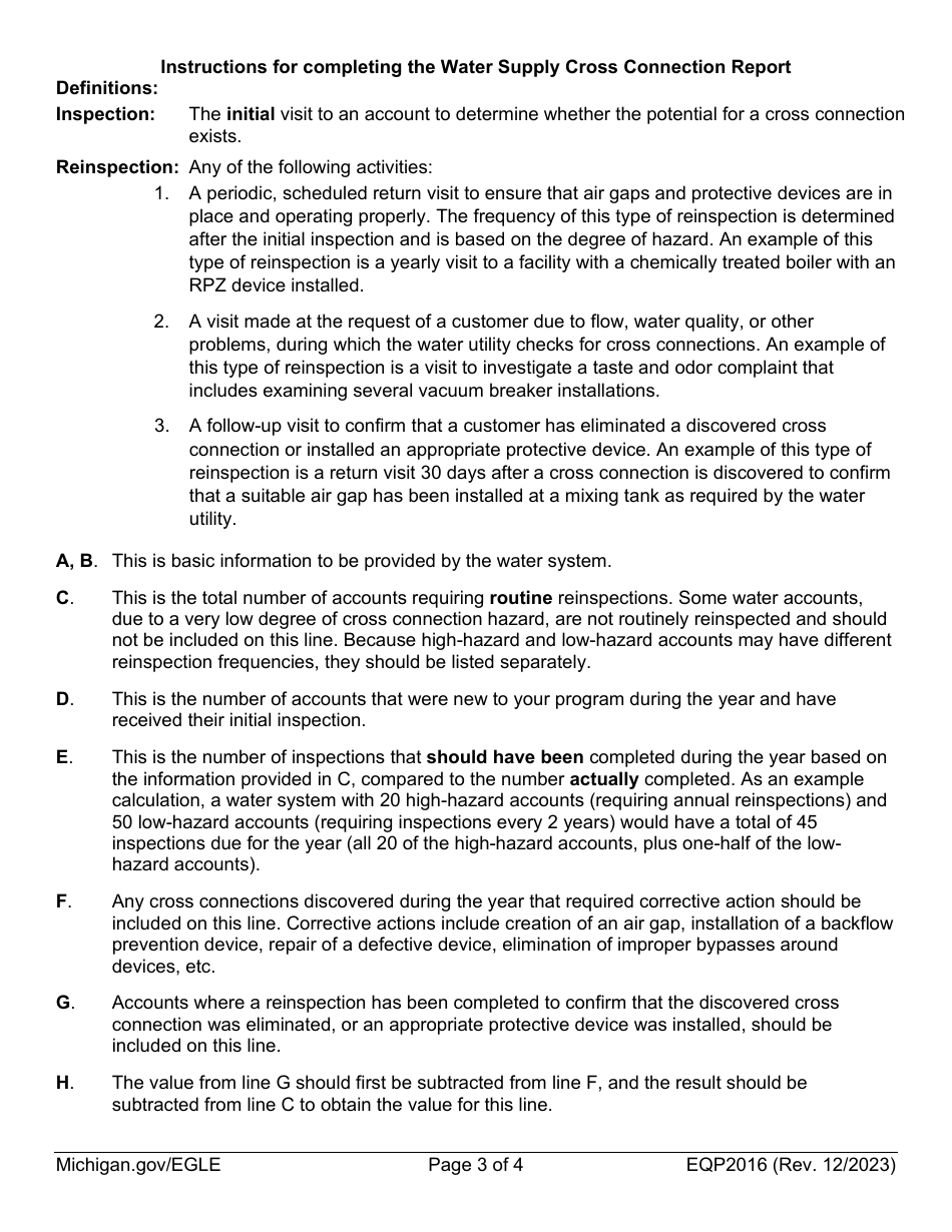 Form EQP2016 Water Supply Cross Connection Report - Michigan, Page 3
