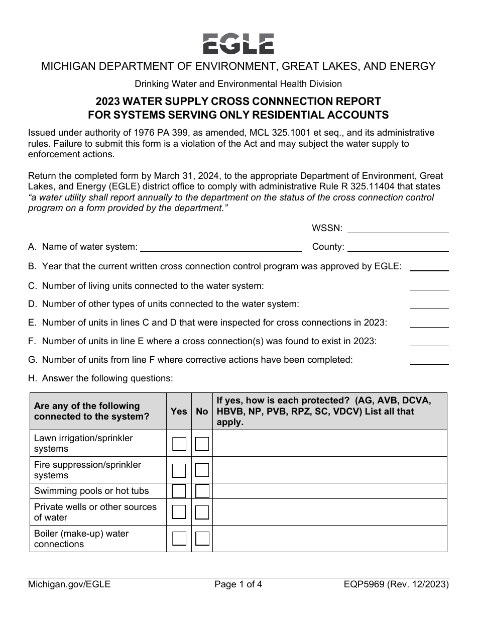Form EQP5969 Water Supply Cross Connnection Report for Systems Serving Only Residential Accounts - Michigan, Page 1