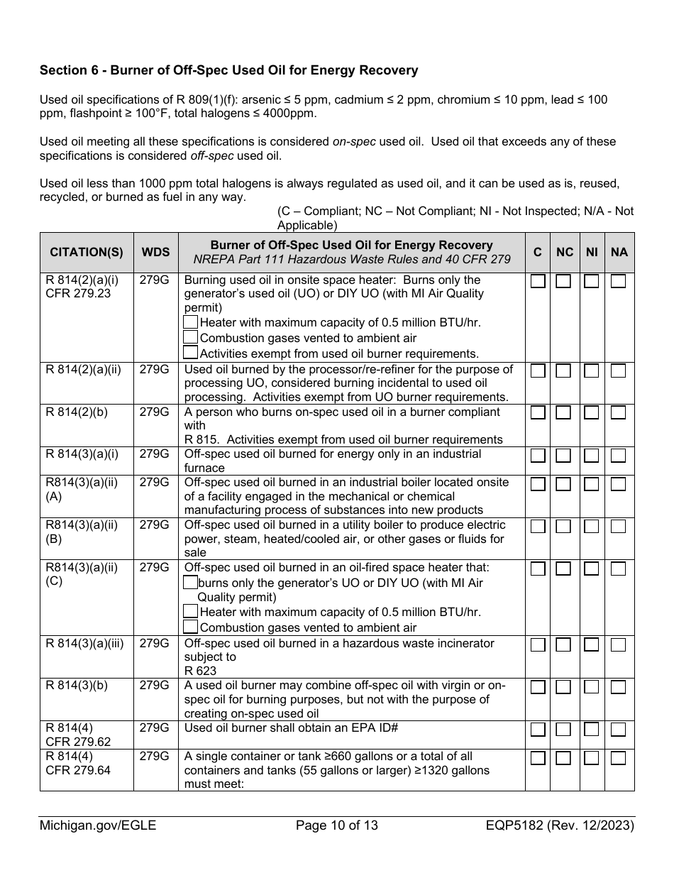 Form EQP5182 Used Oil Inspection - Michigan, Page 10
