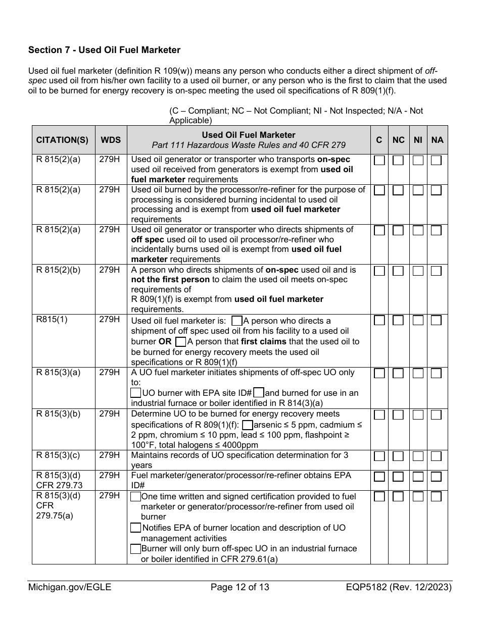 Form EQP5182 Used Oil Inspection - Michigan, Page 12