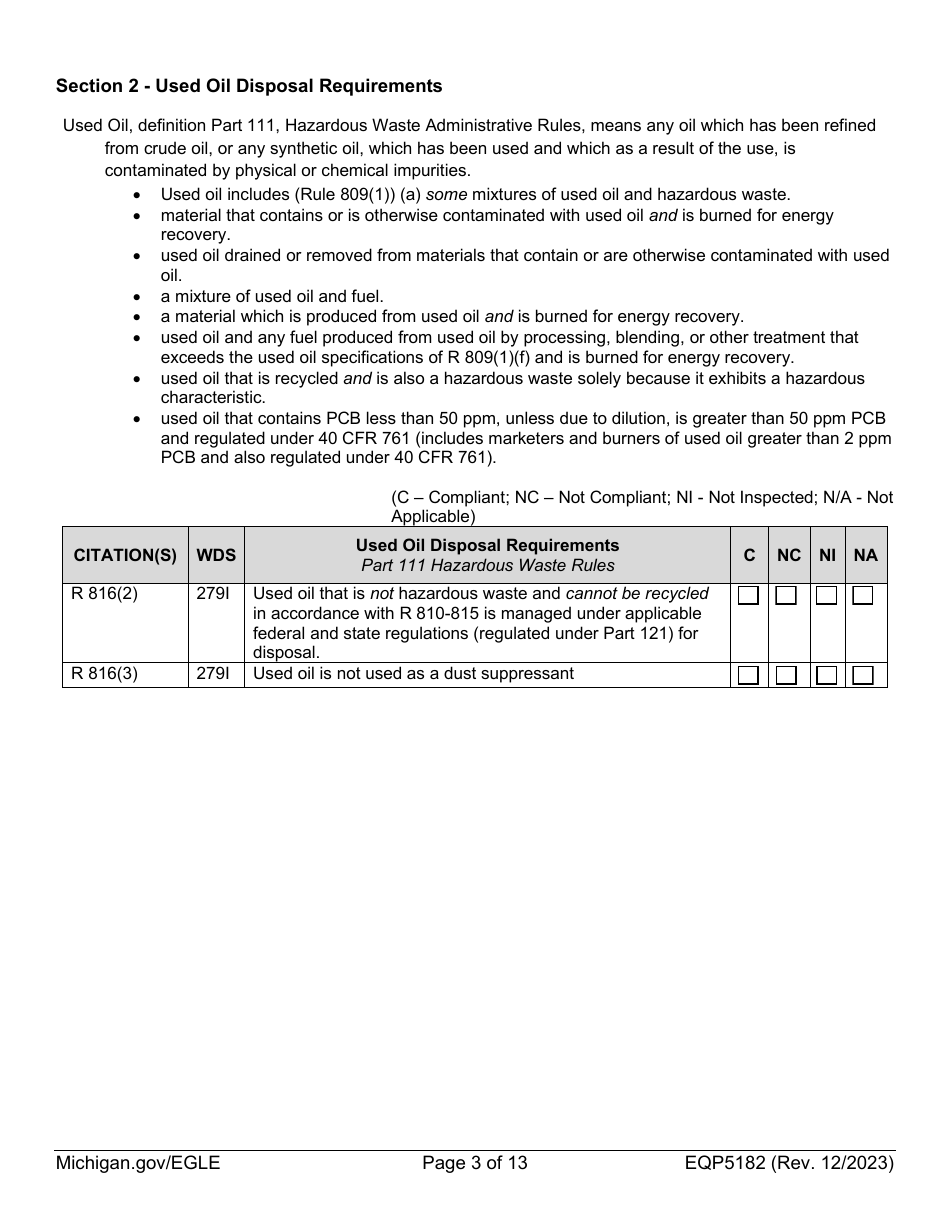 Form EQP5182 Used Oil Inspection - Michigan, Page 3