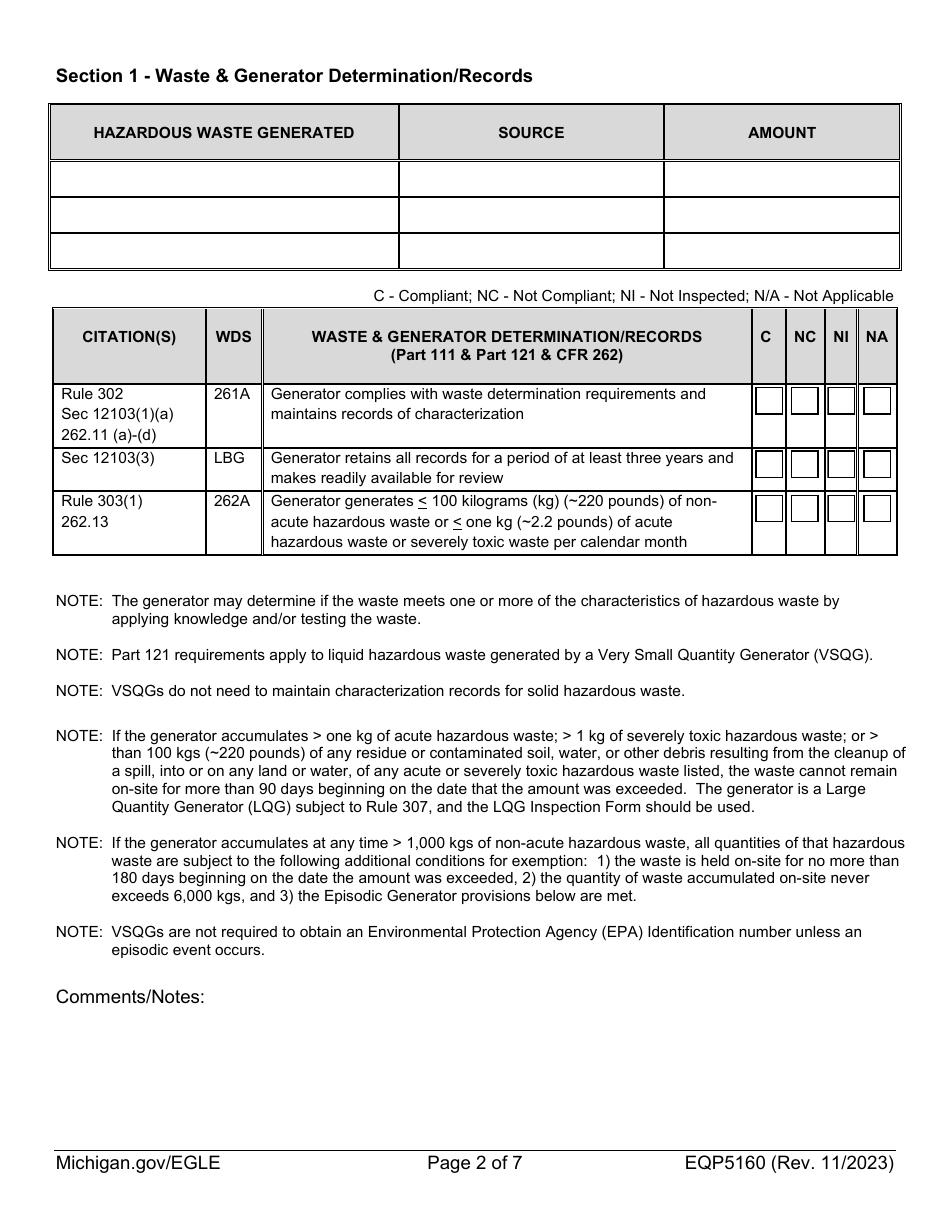 Form EQP5160 Very Small Quantity Generator Inspection Form - Michigan, Page 2