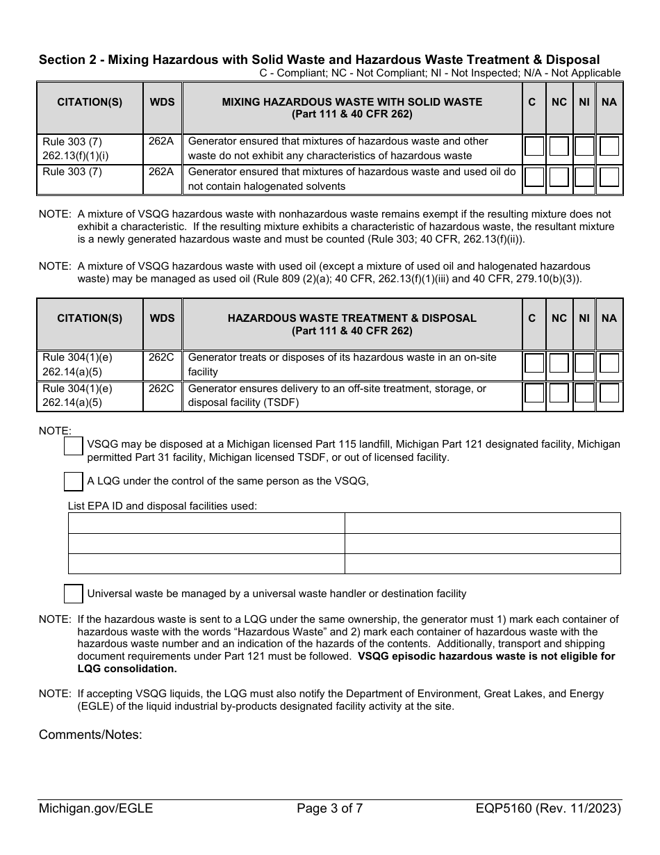 Form EQP5160 Very Small Quantity Generator Inspection Form - Michigan, Page 3