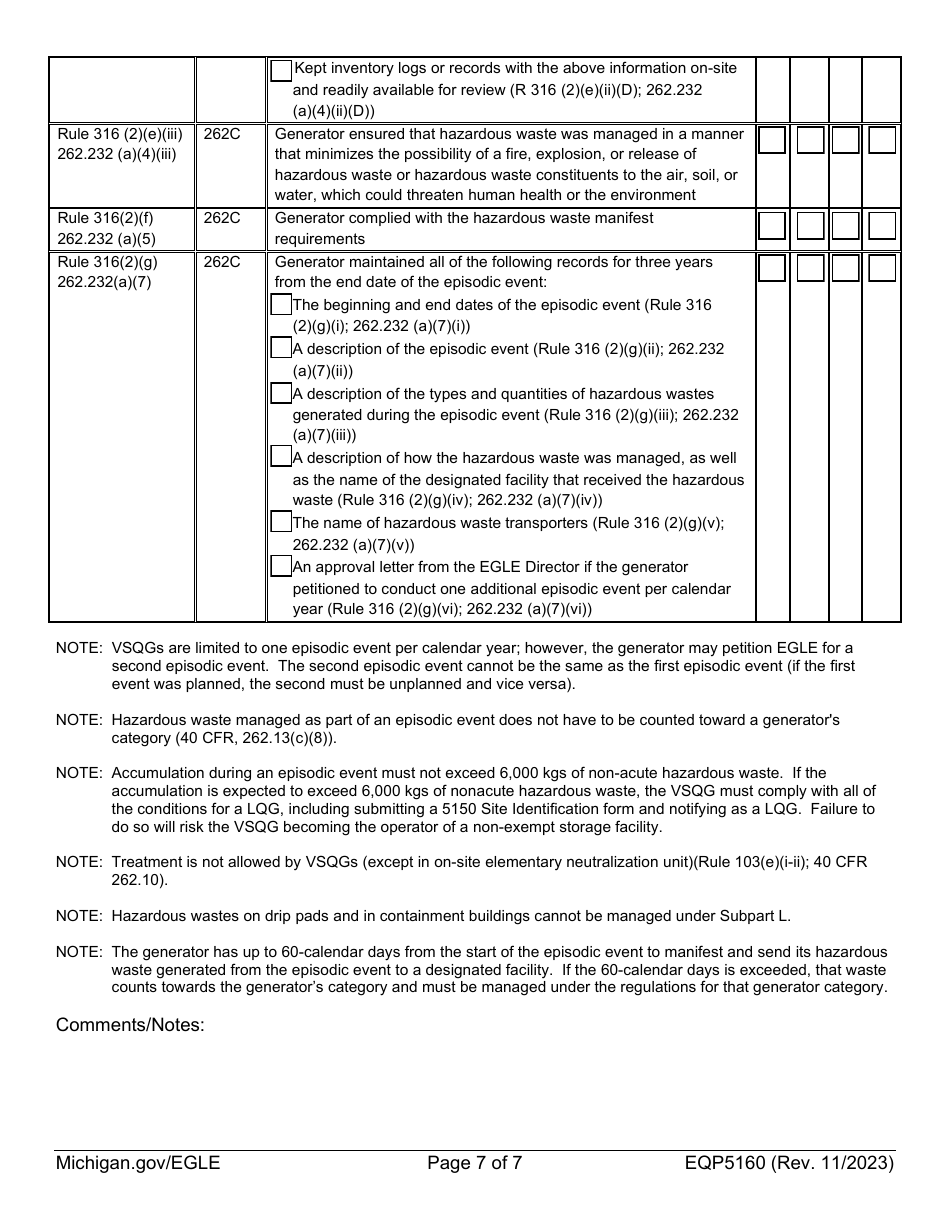 Form EQP5160 Very Small Quantity Generator Inspection Form - Michigan, Page 7