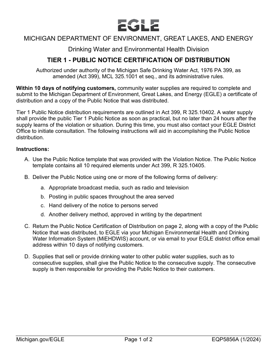 Form EQP5856A Tier 1 - Public Notice Certification of Distribution - Michigan, Page 1