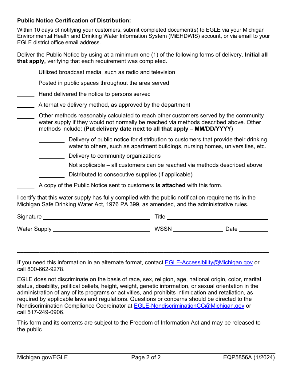 Form EQP5856A Tier 1 - Public Notice Certification of Distribution - Michigan, Page 2