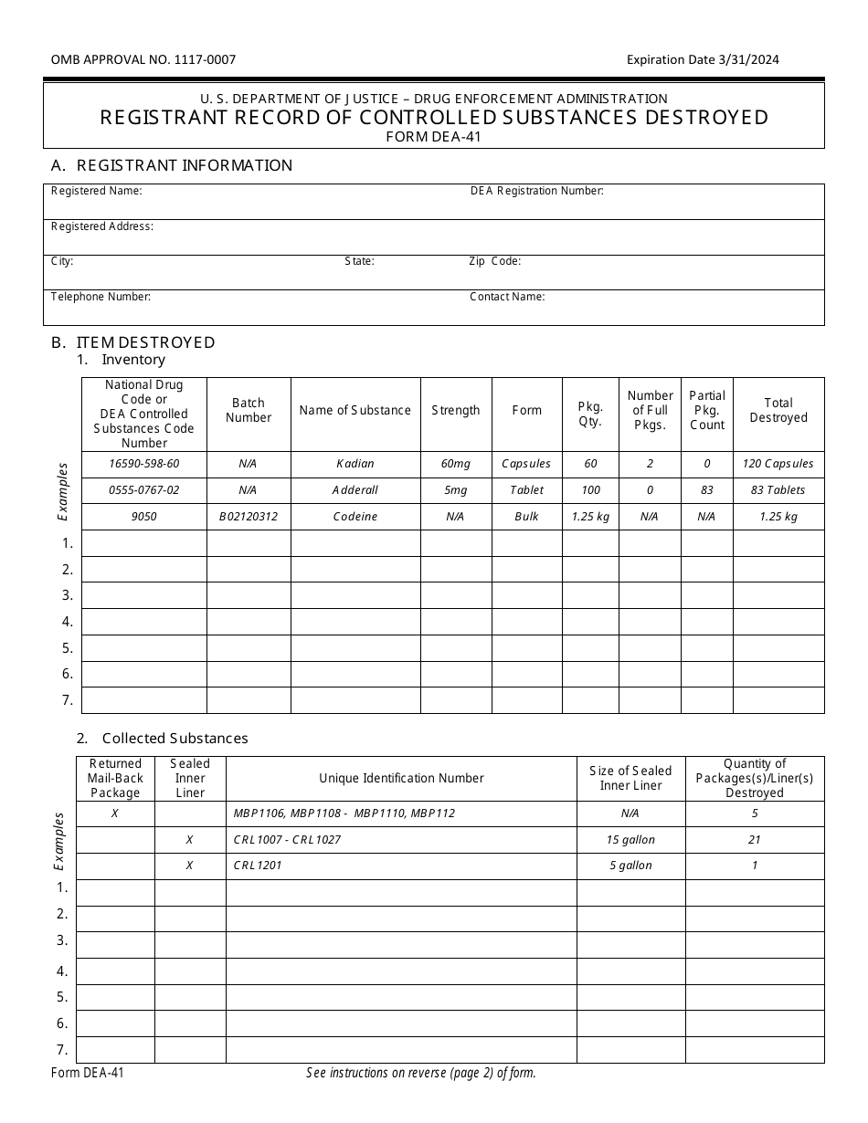 Form DEA-41 Registrant Record of Controlled Substances Destroyed, Page 1