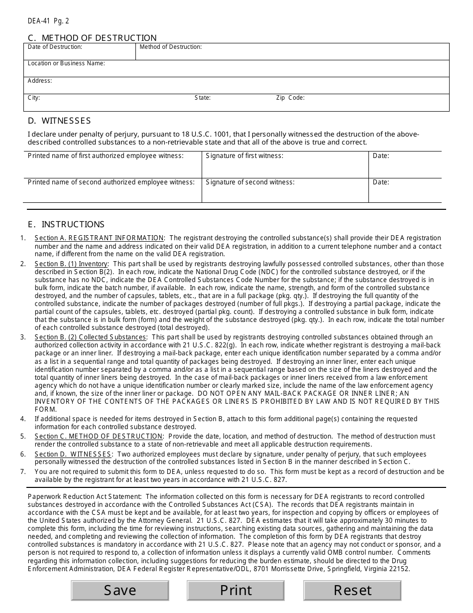 Form DEA-41 Registrant Record of Controlled Substances Destroyed, Page 2