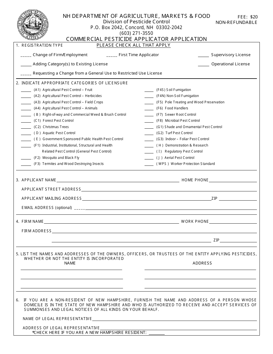 Commercial Pesticide Applicator Application - New Hampshire, Page 1