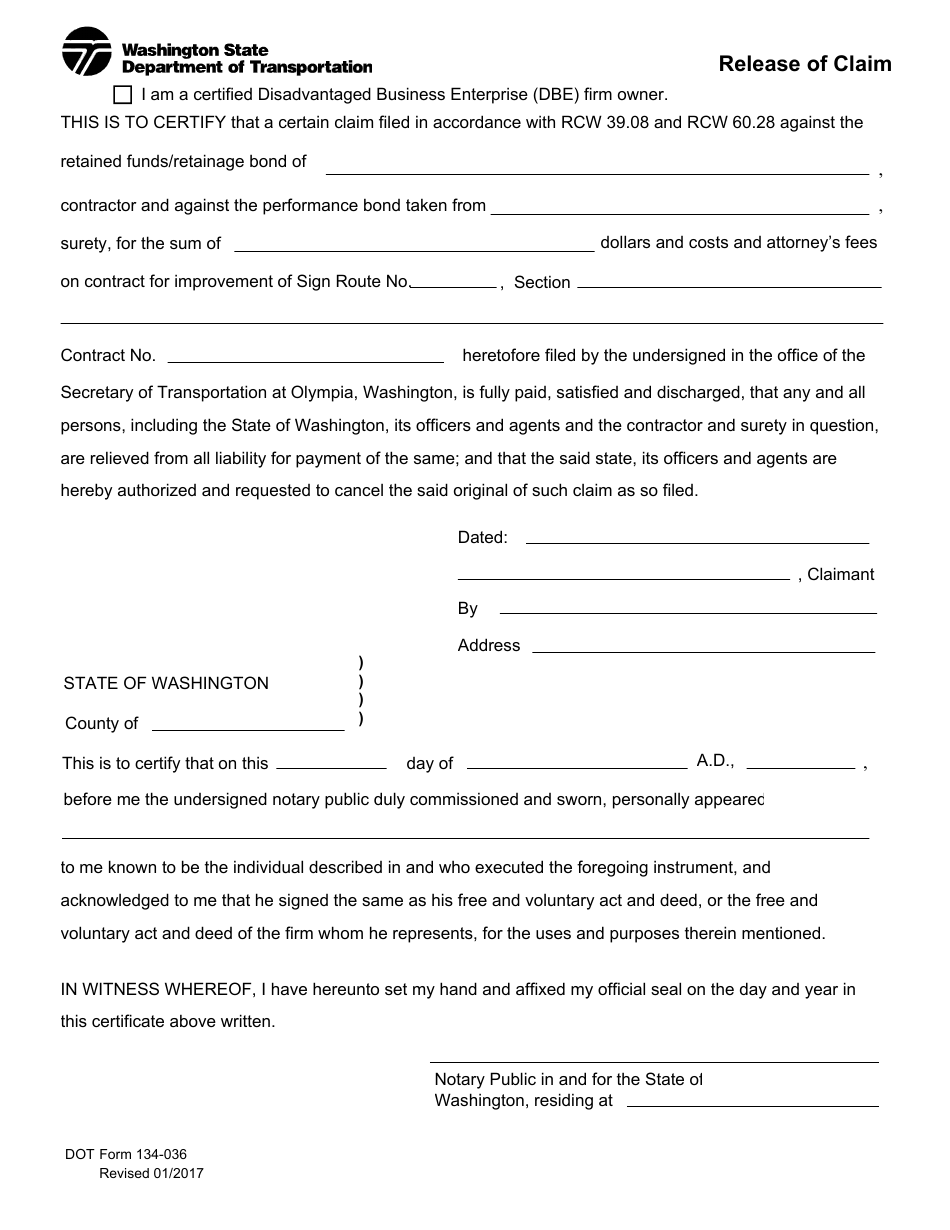 DOT Form 134-036 Release of Claim - Washington, Page 1