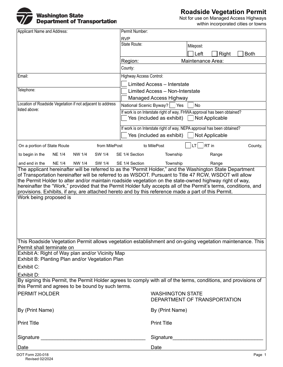 DOT Form 220-018 Roadside Vegetation Permit - Washington, Page 1