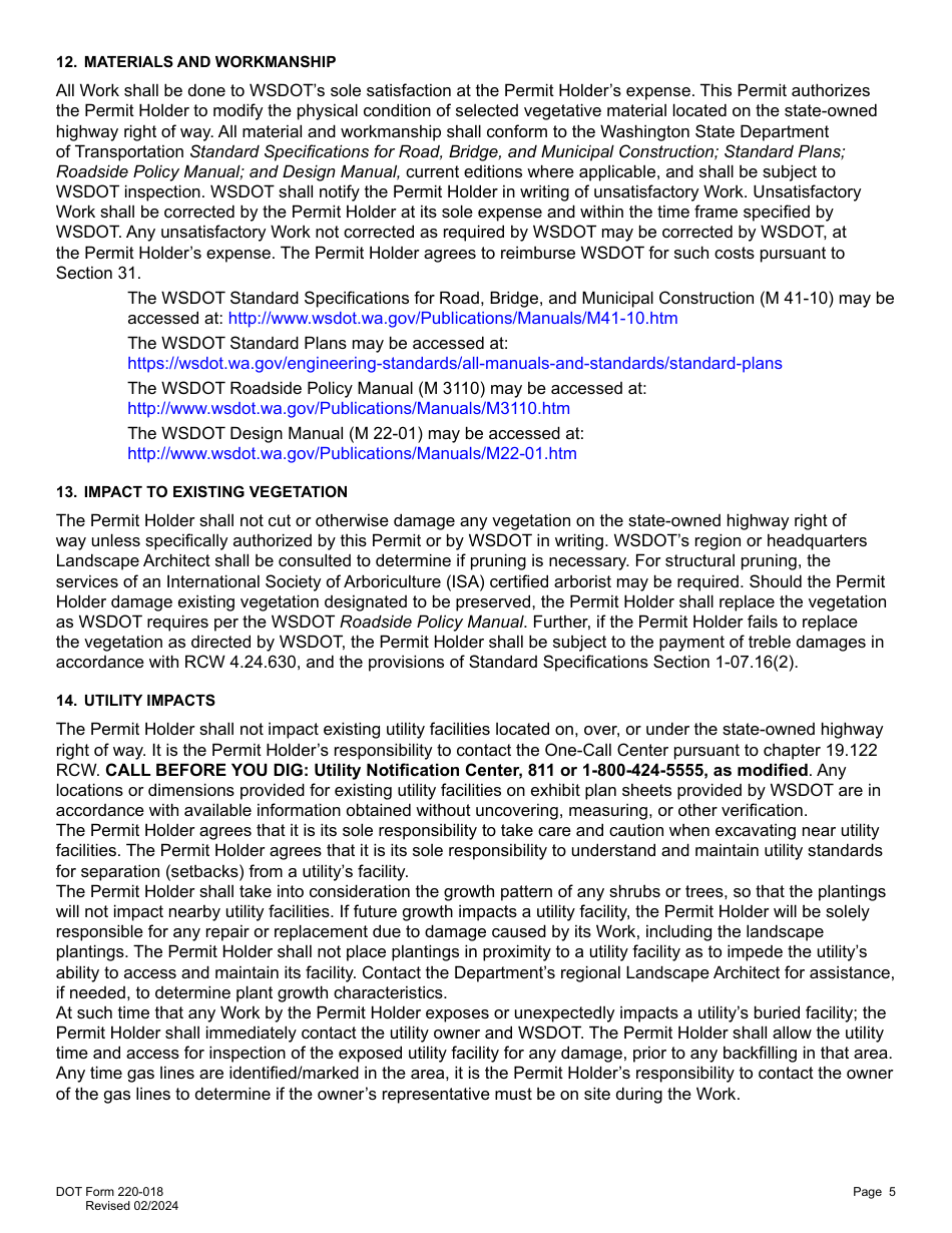 DOT Form 220-018 Roadside Vegetation Permit - Washington, Page 5