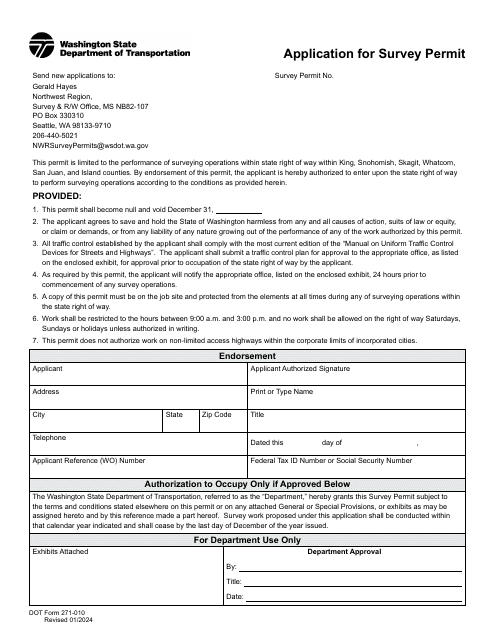 DOT Form 271-010 Application for Survey Permit - Washington
