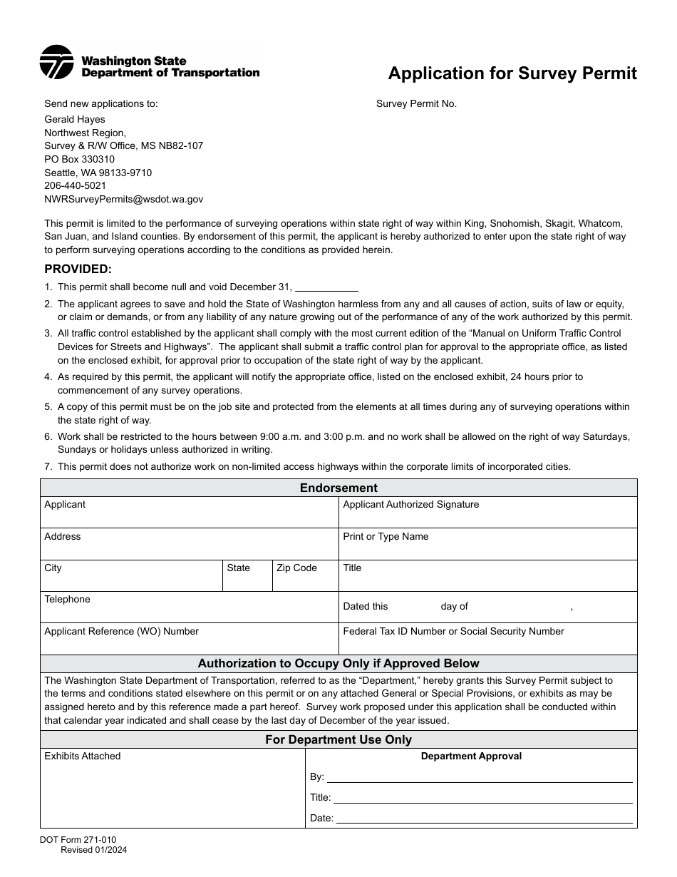 DOT Form 271-010 Application for Survey Permit - Washington, Page 1