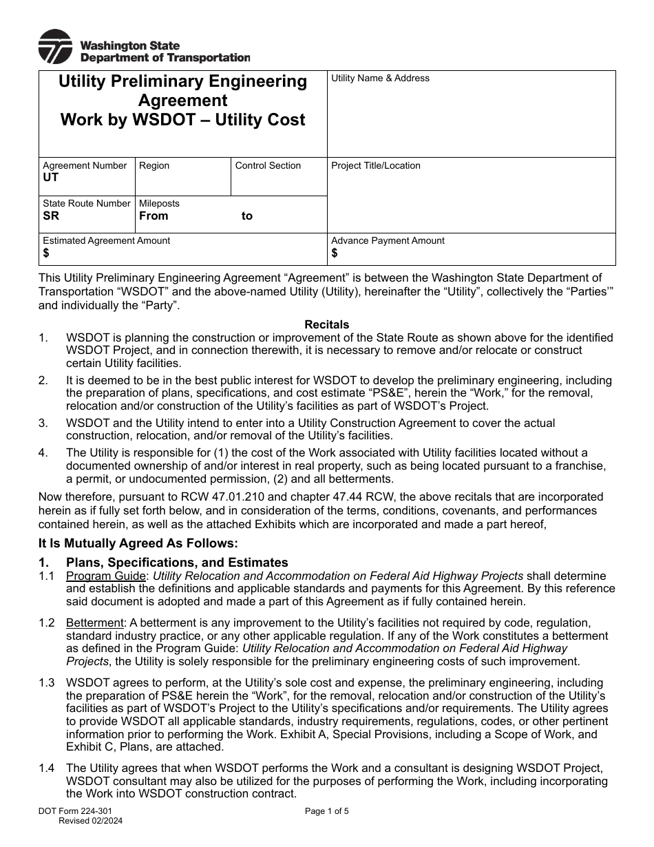 DOT Form 224-301 Utility Preliminary Engineering Agreement - Work by Wsdot - Utility Cost - Washington, Page 1