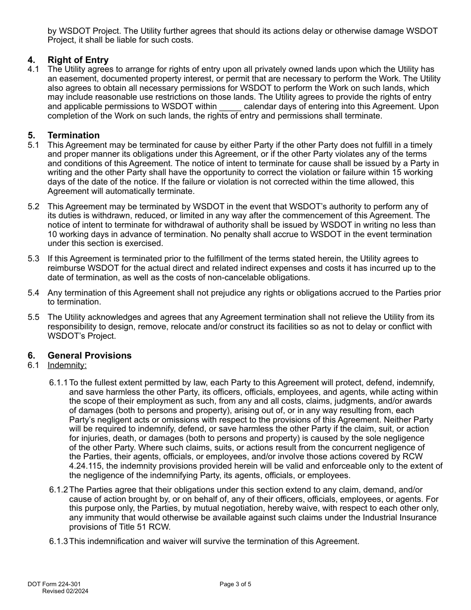 DOT Form 224-301 Utility Preliminary Engineering Agreement - Work by Wsdot - Utility Cost - Washington, Page 3