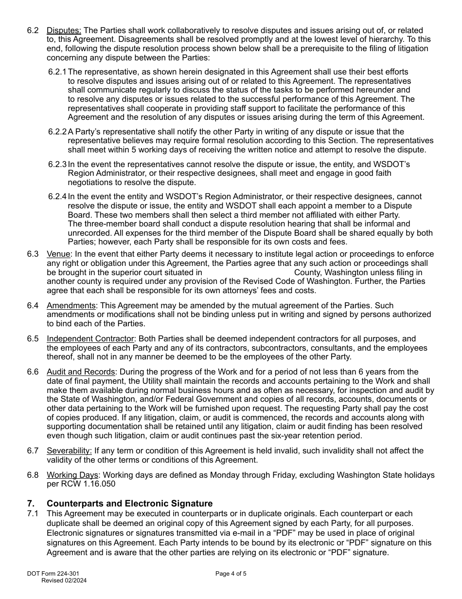 DOT Form 224-301 Utility Preliminary Engineering Agreement - Work by Wsdot - Utility Cost - Washington, Page 4