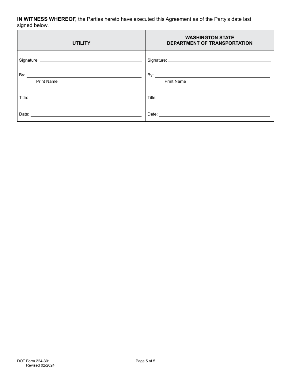 DOT Form 224-301 Utility Preliminary Engineering Agreement - Work by Wsdot - Utility Cost - Washington, Page 5