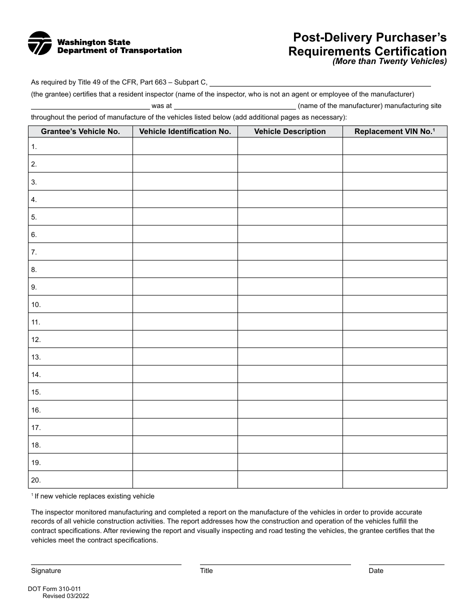 DOT Form 310-011 Post-delivery Purchasers Requirements Certification (More Than Twenty Vehicles) - Washington, Page 1