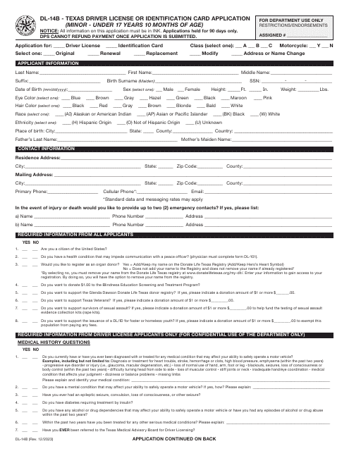 Form DL-14B Texas Driver License or Identification Card Application (Minor - Under 17 Years 10 Months of Age) - Texas