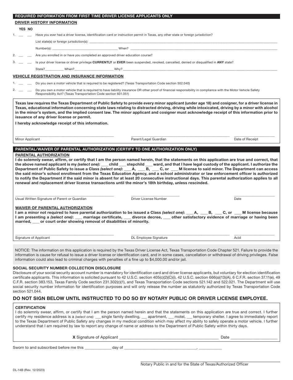 Form DL-14B Texas Driver License or Identification Card Application (Minor - Under 17 Years 10 Months of Age) - Texas, Page 2