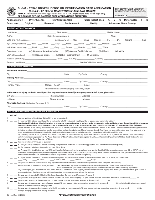 Form DL-14A Texas Driver License or Identification Card Application (Adult - 17 Years 10 Months of Age and Older) - Texas