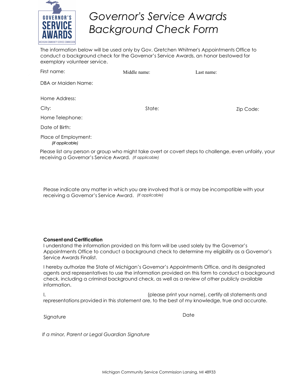 Governors Service Awards Background Check Form - Michigan, Page 1