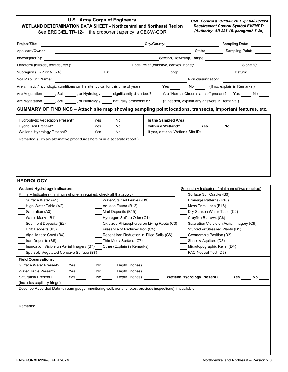 ENG Form 6116-8 Wetland Determination Data Sheet - Northcentral and Northeast Region, Page 1