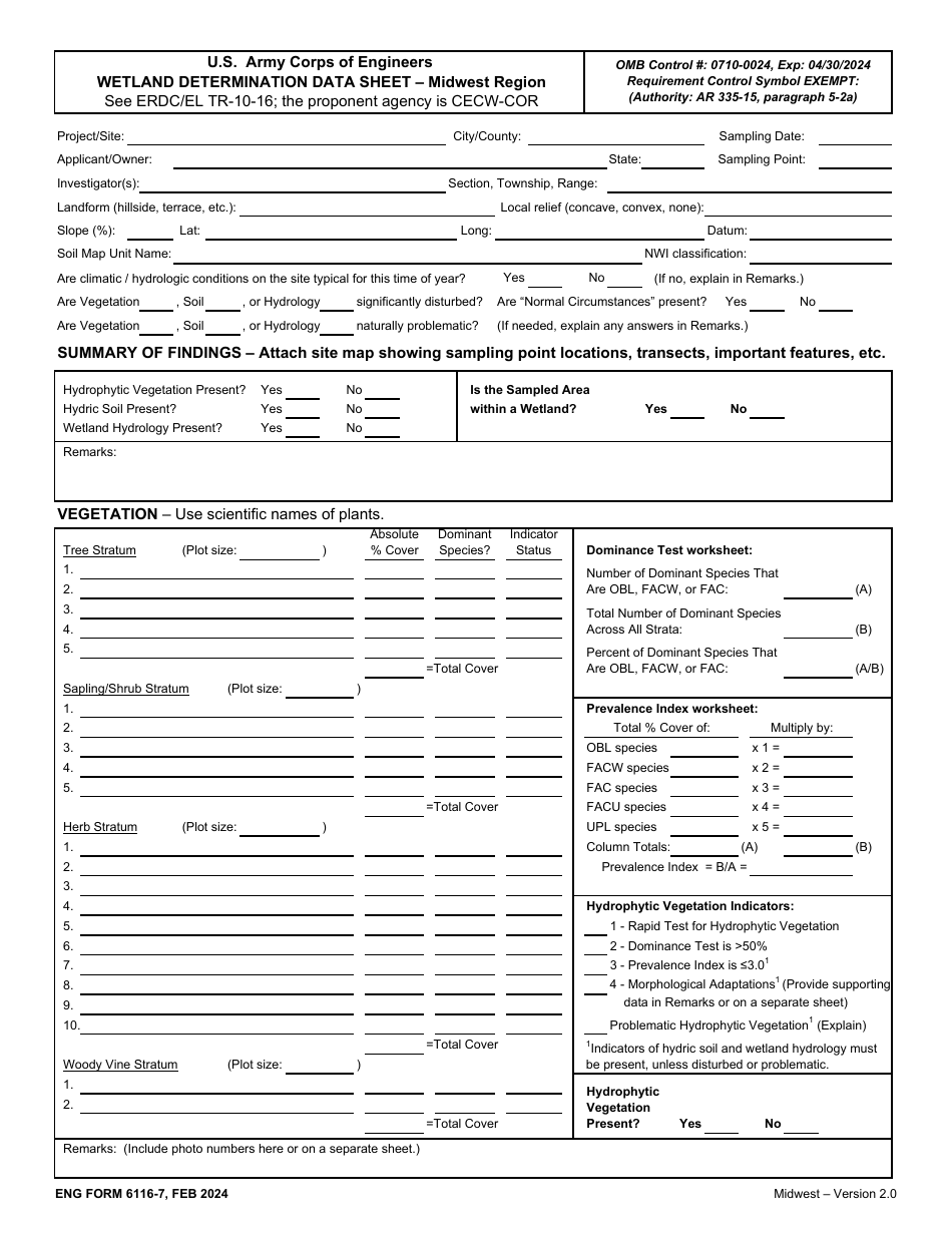 ENG Form 6116-7 Wetland Determination Data Sheet - Midwest Region, Page 1