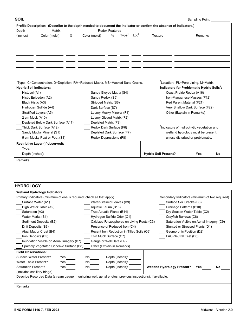 Eng Form 6116 7 Download Printable Pdf Or Fill Online Wetland Determination Data Sheet Midwest 0354