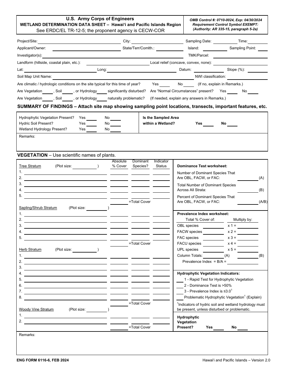 ENG Form 6116-6 Wetland Determination Data Sheet - Hawaii and Pacific Islands Region, Page 1
