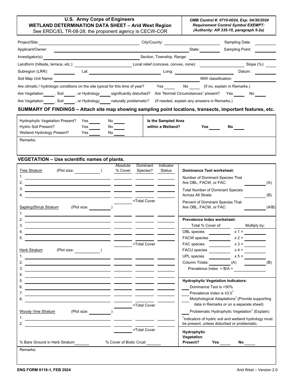 ENG Form 6116-1 Wetland Determination Data Sheet - Arid West Region, Page 1