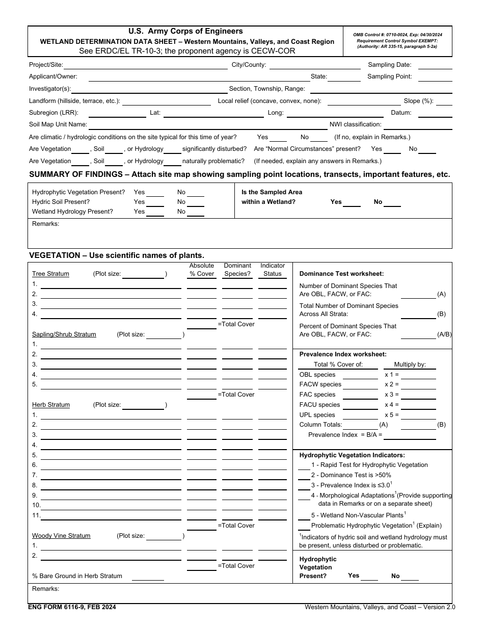 ENG Form 6116-9 Wetland Determination Data Sheet - Western Mountains, Valleys, and Coast Region, Page 1