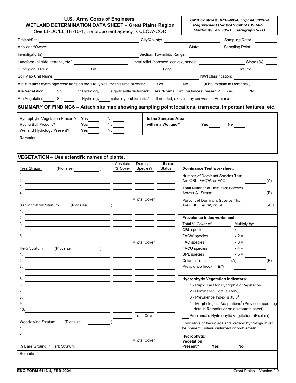 ENG Form 6116-5 Wetland Determination Data Sheet - Great Plains Region, Page 1