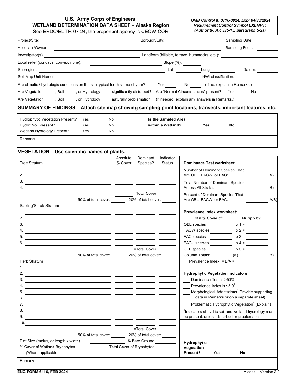 ENG Form 6116 Wetland Determination Data Sheet - Alaska Region, Page 1
