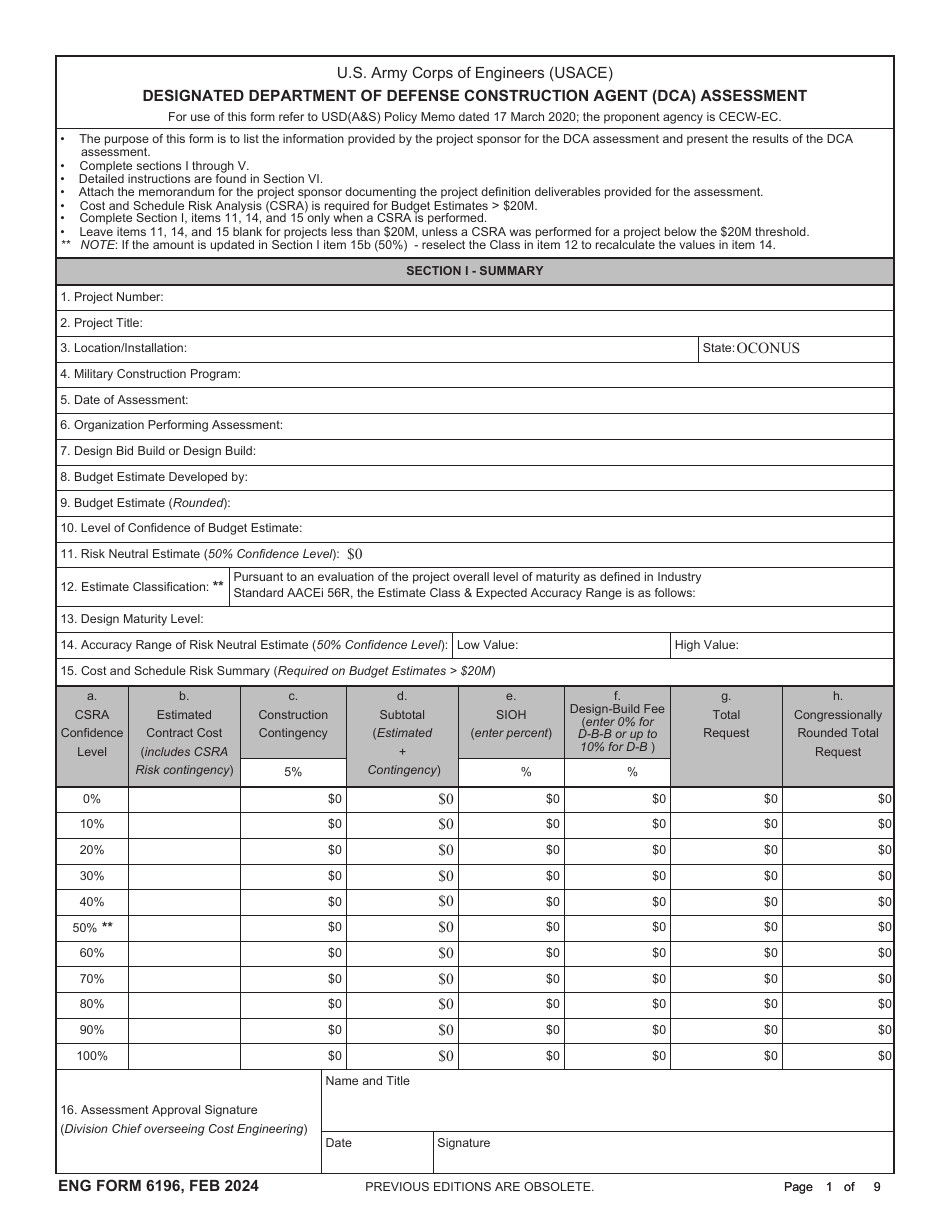 ENG Form 6196 Designated Department of Defense Construction Agent (Dca) Assessment, Page 1