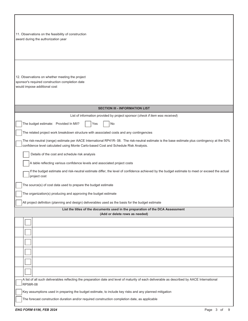 ENG Form 6196 Designated Department of Defense Construction Agent (Dca) Assessment, Page 3