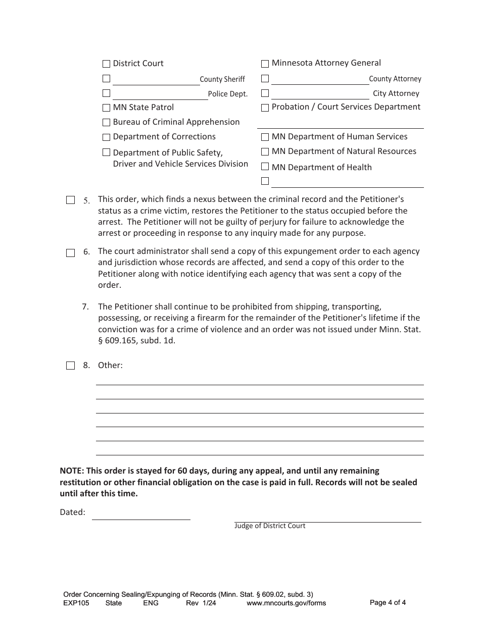 Form EXP105 Order Concerning Sealing / Expunging of Records - Minnesota, Page 4