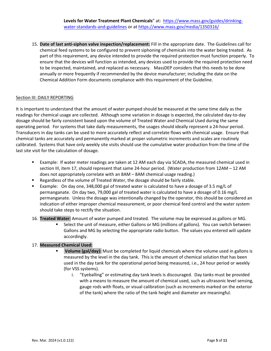 Instructions for Form C-ADD-XLSM Chemical Addition Report - Drinking Water Program - Massachusetts, Page 5