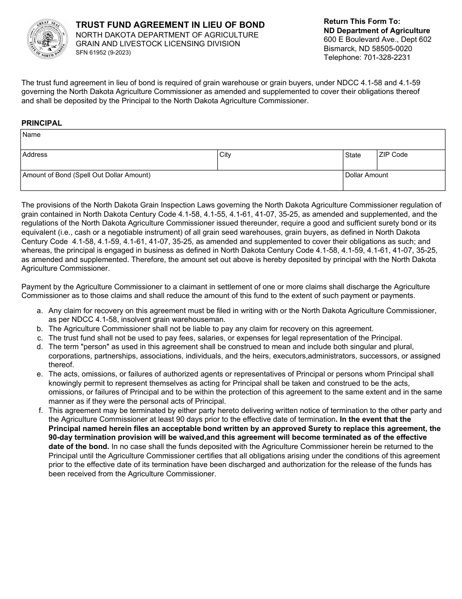 Form SFN61952 Trust Fund Agreement in Lieu of Bond - North Dakota, Page 1
