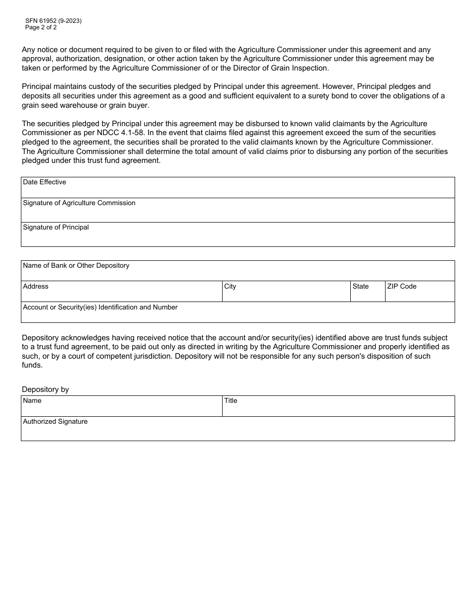 Form SFN61952 Trust Fund Agreement in Lieu of Bond - North Dakota, Page 2
