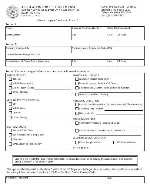 Form SFN60031 Application for Testers License - North Dakota